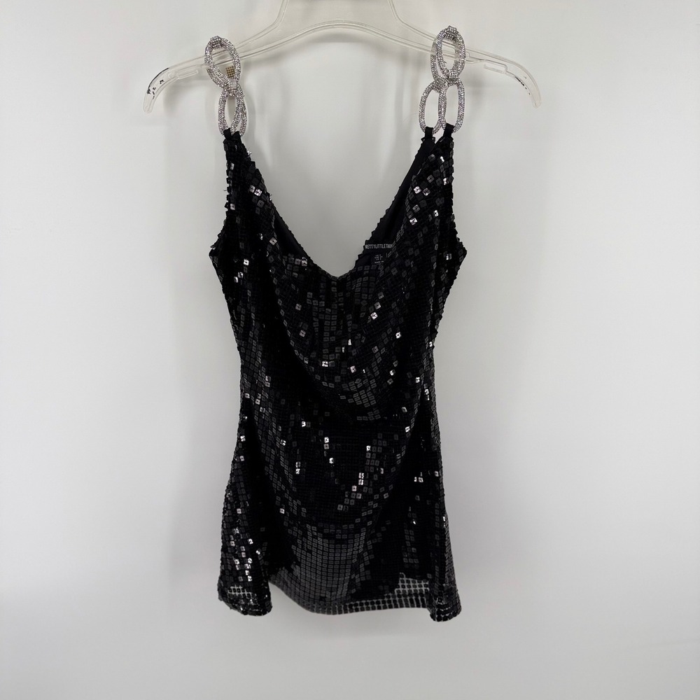 PrettyLittleThing Black Sequin Mini Dress Rhinestone Chain Straps‎ US 2 NWT